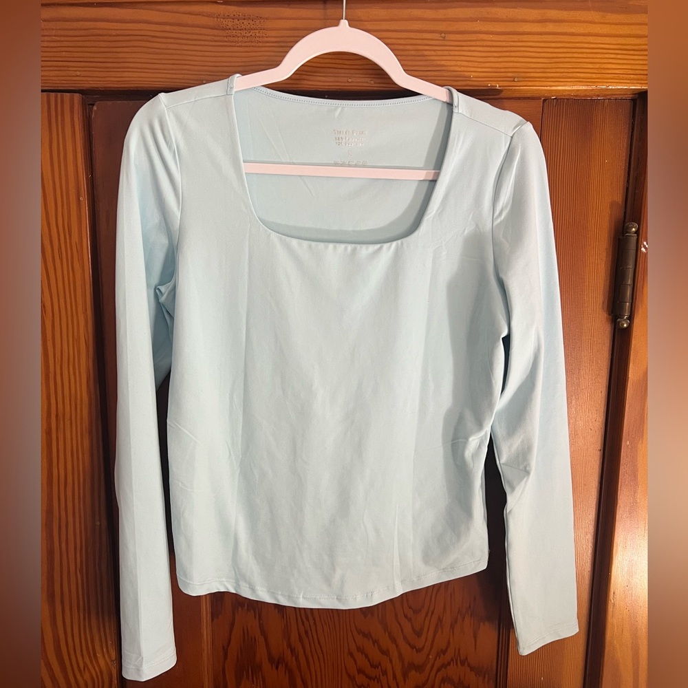Women’s Long Sleeve Square Neck Top by Trendy Queen - Light Tiffany Blue - Large